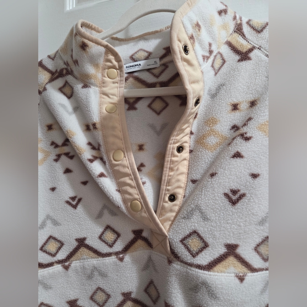 Sonoma Cream & Brown Patterned Quarter Button-up Pullover Sweatshirt - Picture 3 of 7